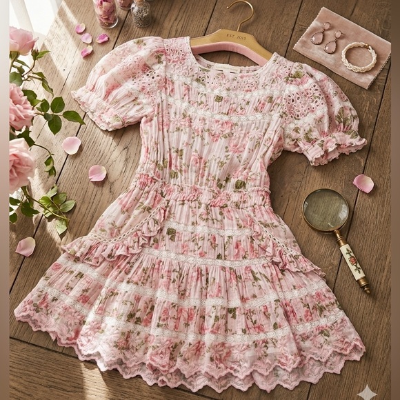 LoveShackFancy Dresses & Skirts - LoveShackFancy Augustine Pink Floral Cotton Eyelet Mini Dress - "Loves Me" Print